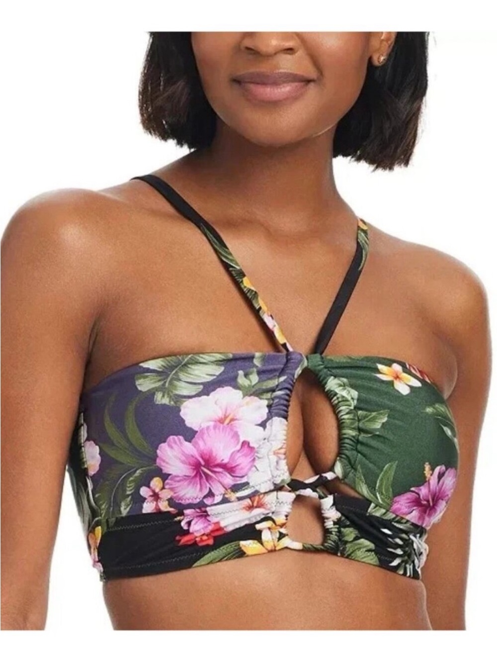 Bar III Floral Cutout Bandeau One-Piece in Green, Pink, Black